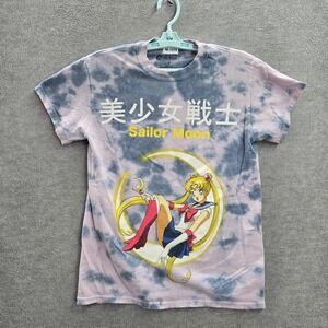 Sailor Moon Women Shirt S Blue Tie Dye Anime Graphic Print Short Sleeve Cotton